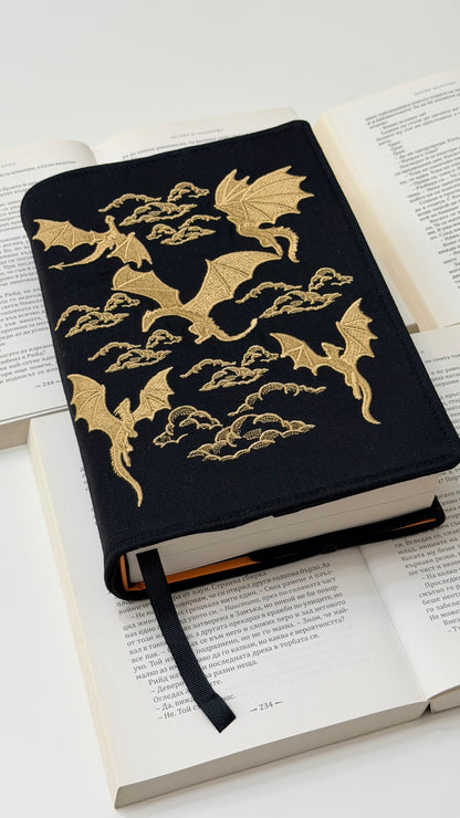 Embroidery Gold Dragons Adjustable Book Cover – Handmade Padded Linen Sleeve with Elastic Closure