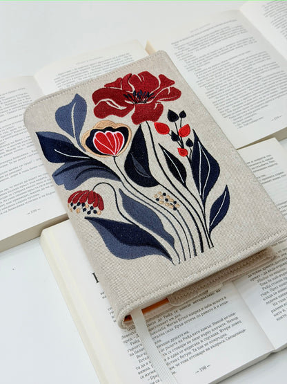 Embroidery Elegant Flower Adjustable Book Cover – Floral Handmade Padded Book Sleeve with Elastic Closure