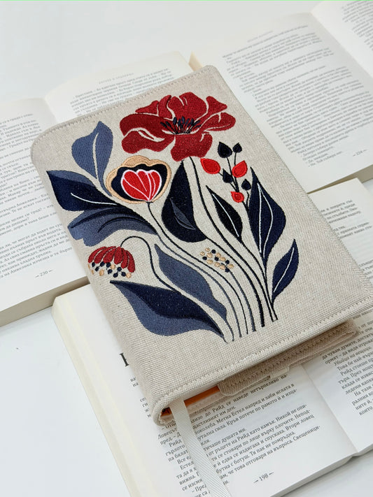 Embroidery Elegant Flower Adjustable Book Cover – Floral Handmade Padded Book Sleeve with Elastic Closure