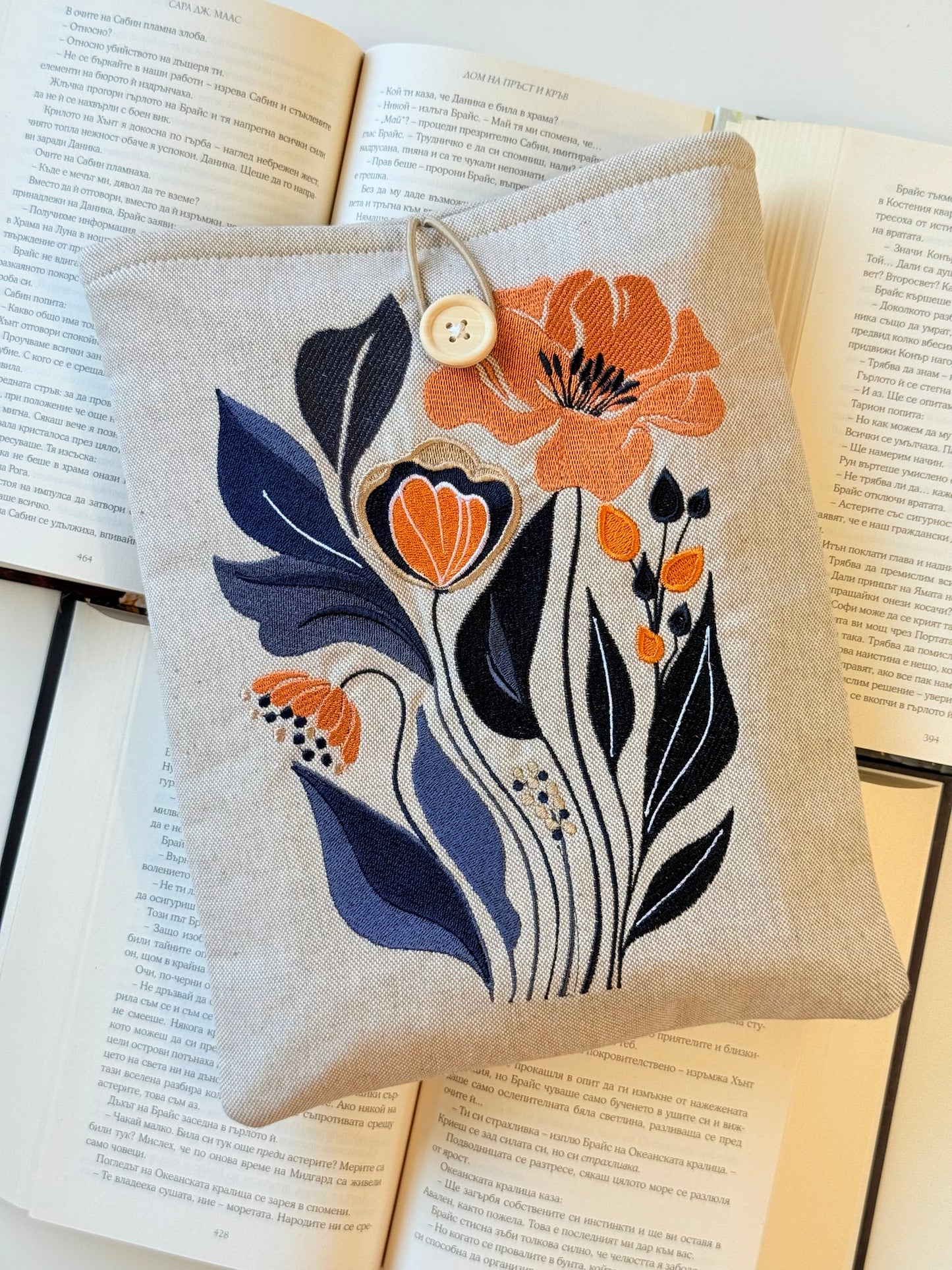 Floral Embroidery Book Sleeve Handmade, Padded Protective Cover for Novels, Kindle & Tablets
