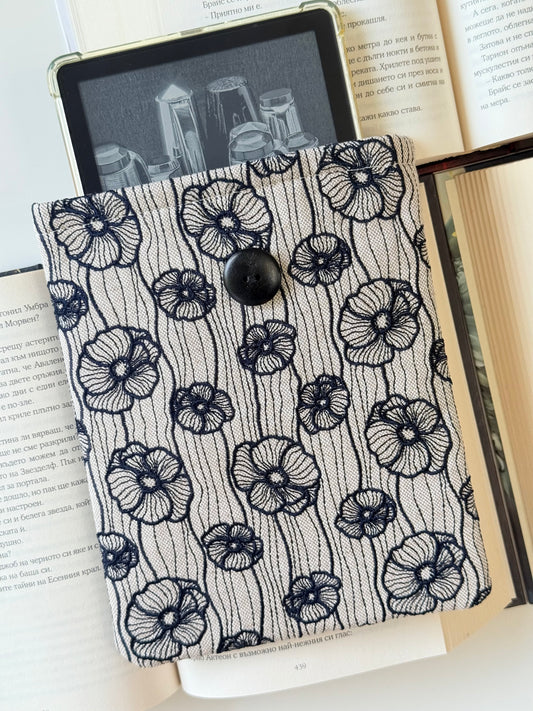 Handmade Embroidery Poppy Flower Kindle Sleeve – Padded E-Reader Protector, Floral Book Cover
