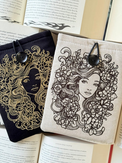Fairytale Flower Girl Embroidery Kindle Sleeve – Padded E-Reader Protector, Floral Book Cover