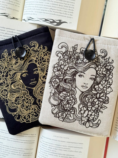 Fairytale Flower Girl Embroidery Kindle Sleeve – Padded E-Reader Protector, Floral Book Cover