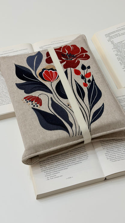 Embroidery Flower Double Book Cover – Handmade Elastic Closure Sleeve for Two Books