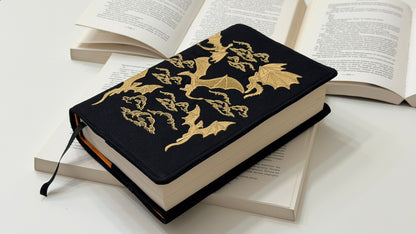 Embroidery Gold Dragons Adjustable Book Cover – Handmade Padded Linen Sleeve with Elastic Closure