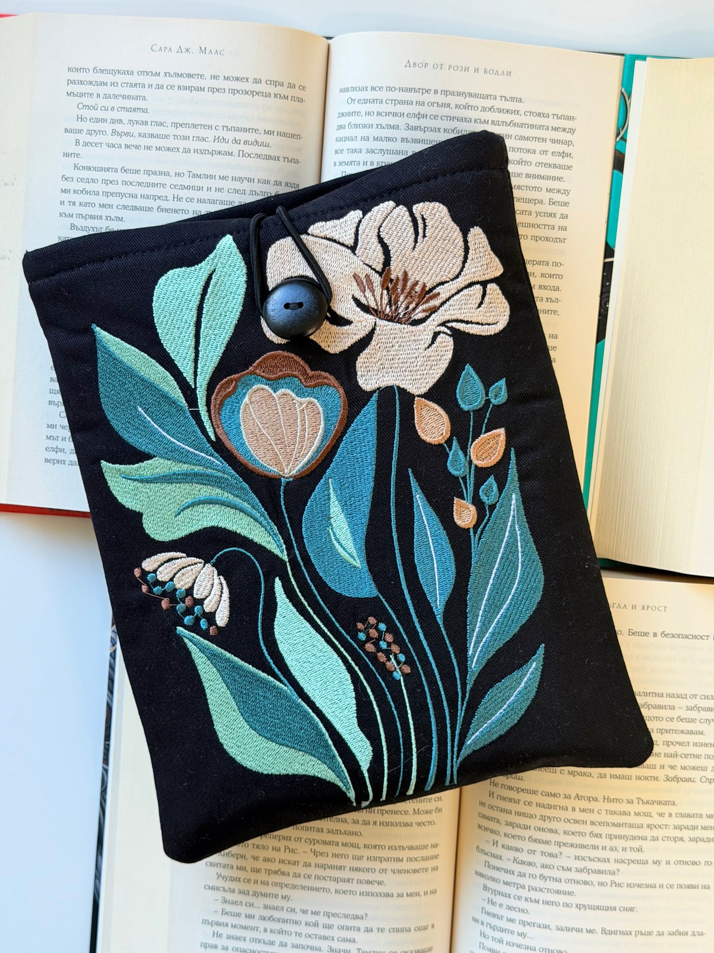 Embroidery Flower Book Sleeve, Handmade Floral Padded Book Protector