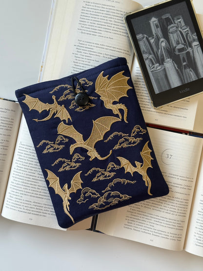 Handmade Embroidery Navy Gold Dragons Kindle Sleeve – Padded E-Reader Cover, Fabric Book Protector
