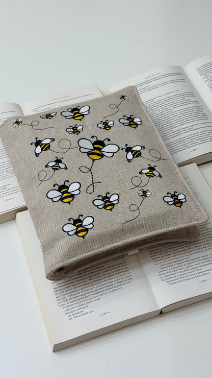 Embroidery Bumblebee Double Book Cover – Handmade Padded Sleeve for Two Books with Elastic Closure