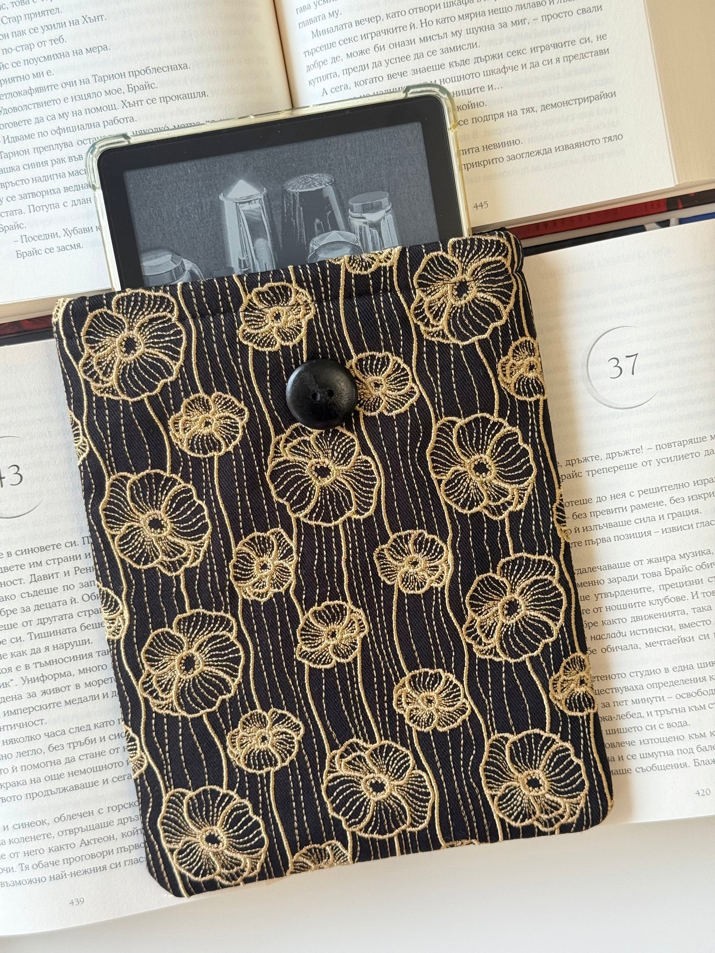 Handmade Gold Embroidery Poppy Flower Kindle Sleeve – Padded E-Reader Protector, Floral Book Cover