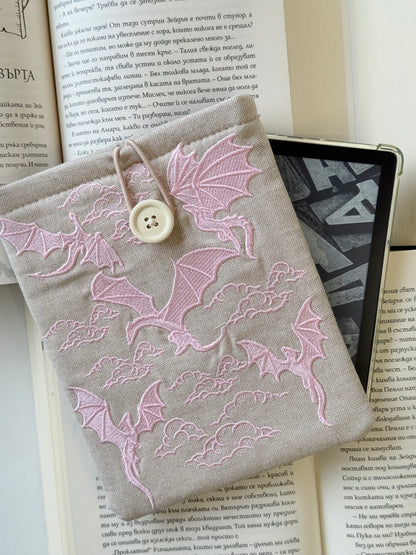 Handmade Pink Linen Embroidery Dragons Kindle Sleeve – Padded E-Reader Cover, Fabric Book Protector
