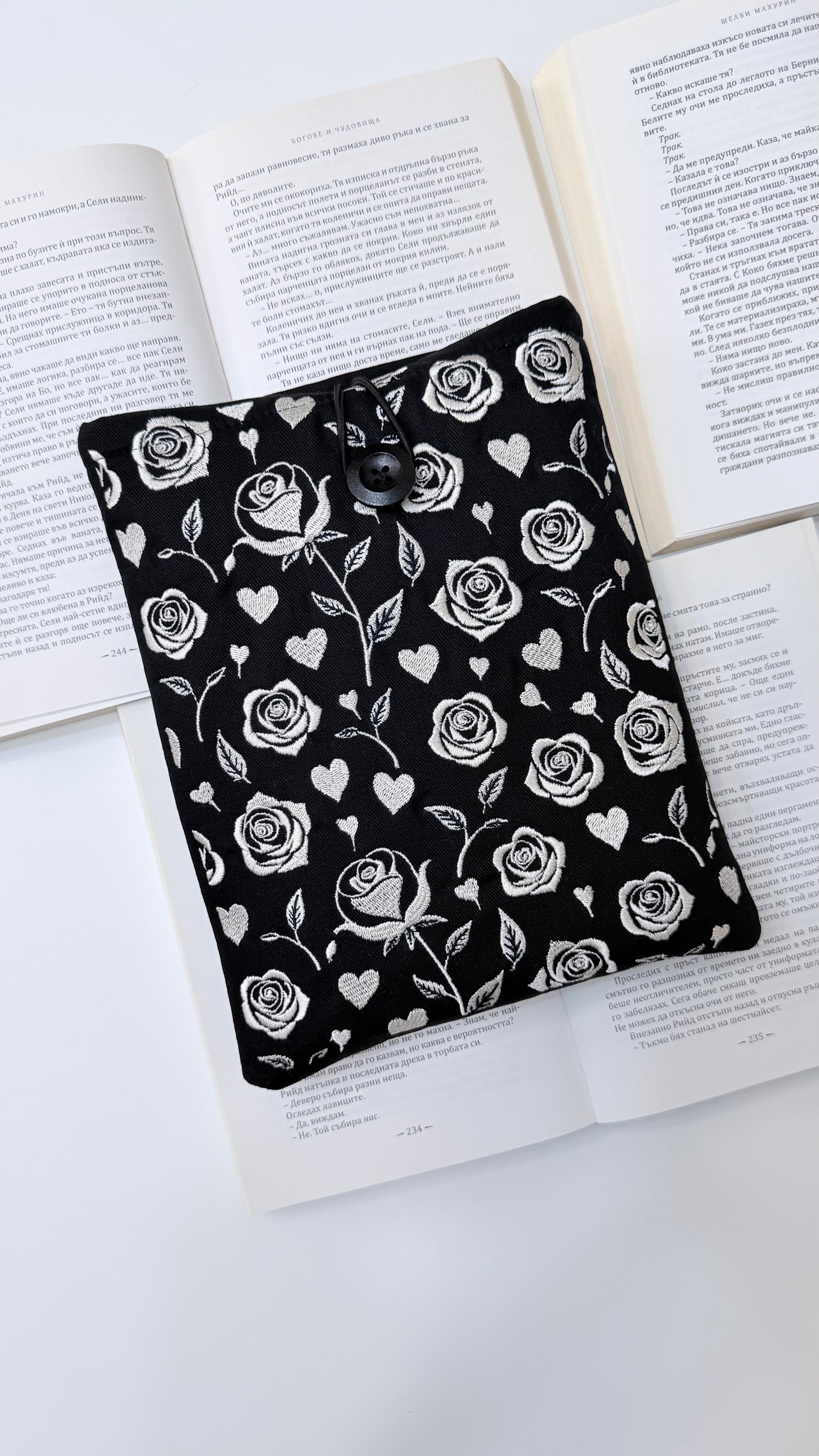 Embroidery Gothic Roses Book Sleeve – Handmade Padded Linen Cover for Books and E-Readers