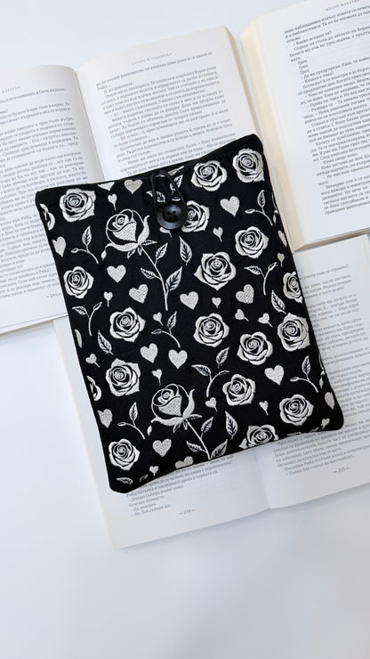 Embroidery Gothic Roses Book Sleeve – Handmade Padded Linen Cover for Books and E-Readers