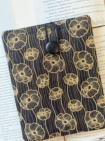 Handmade Gold Embroidery Poppy Flower Kindle Sleeve – Padded E-Reader Protector, Floral Book Cover