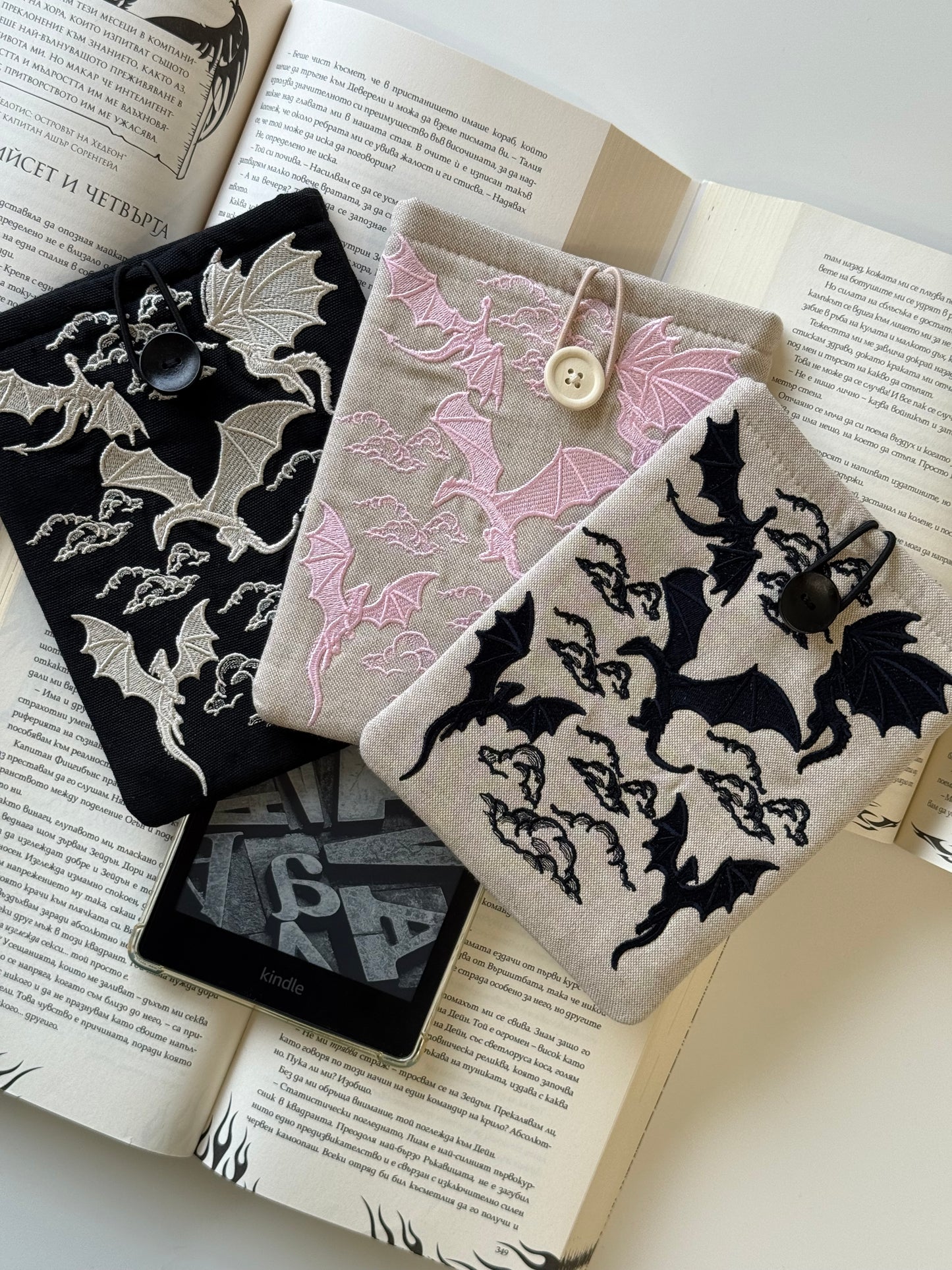 Handmade Embroidery Dragons Kindle Sleeve – Padded E-Reader Cover, Fabric Book Protector