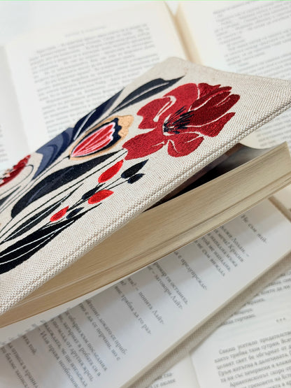 Embroidery Elegant Flower Adjustable Book Cover – Floral Handmade Padded Book Sleeve with Elastic Closure