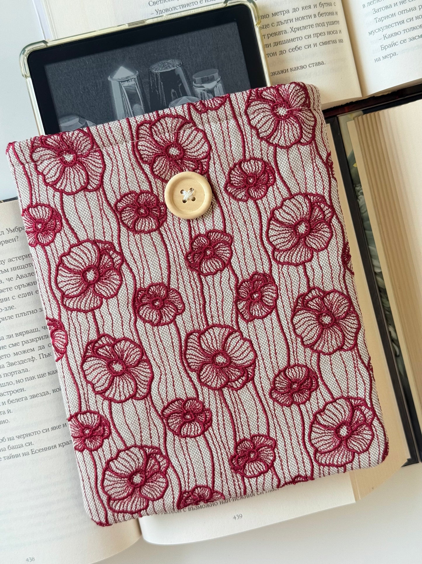 Handmade Dark Red Embroidery Poppy Flower Kindle Sleeve – Padded E-Reader Protector, Floral Book Cover