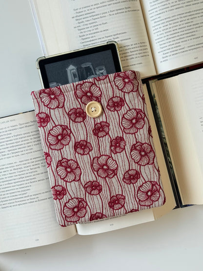 Handmade Dark Red Embroidery Poppy Flower Kindle Sleeve – Padded E-Reader Protector, Floral Book Cover