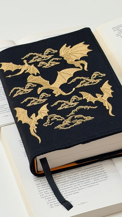 Embroidery Gold Dragons Adjustable Book Cover – Handmade Padded Linen Sleeve with Elastic Closure