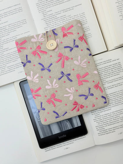 Embroidered Ribbons Kindle Sleeve – Padded Linen E-Reader Cover, Handmade Device Protector by Lullaby Crafts World