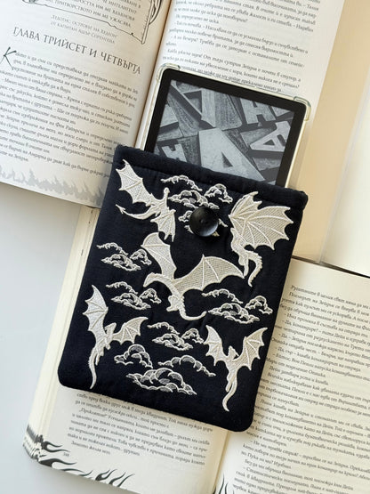 Handmade Embroidery Dragons Kindle Sleeve – Padded E-Reader Cover, Fabric Book Protector