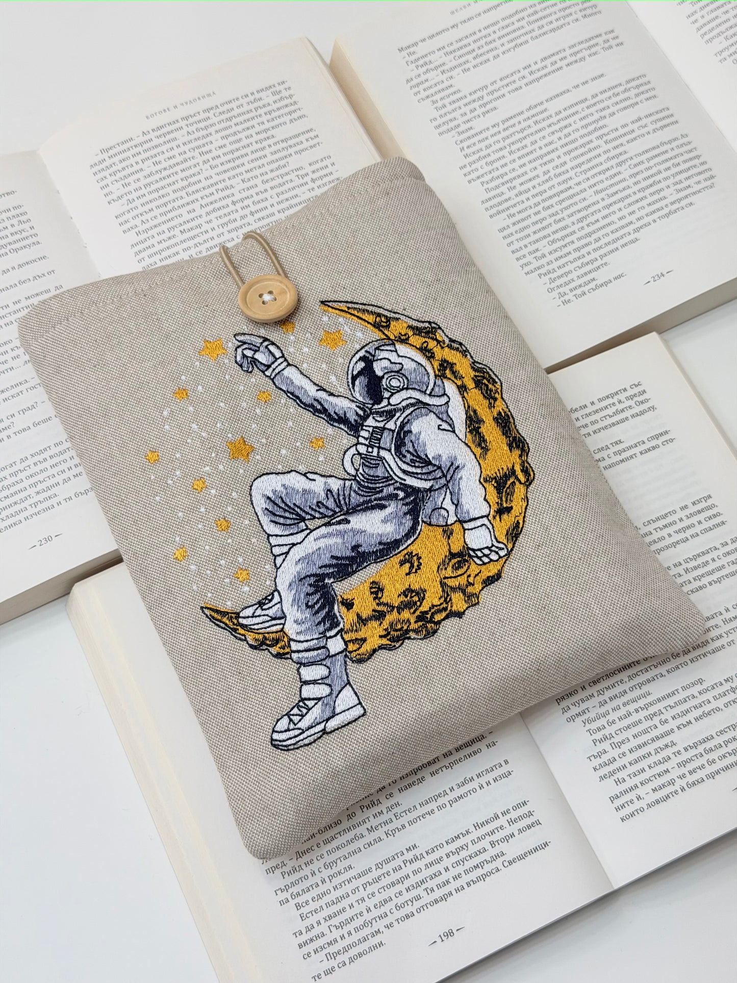 Embroidered Astronaut Book Sleeve – Padded Linen Book Cover, Cosmic Moon & Stars Design by Lullaby Crafts World