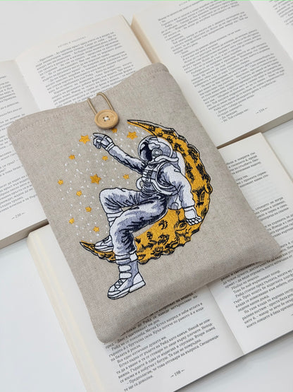 Embroidered Astronaut Book Sleeve – Padded Linen Book Cover, Cosmic Moon & Stars Design by Lullaby Crafts World
