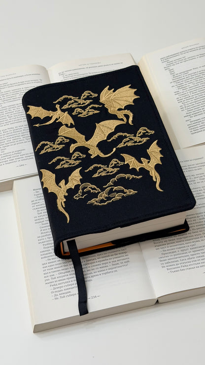 Embroidery Gold Dragons Adjustable Book Cover – Handmade Padded Linen Sleeve with Elastic Closure