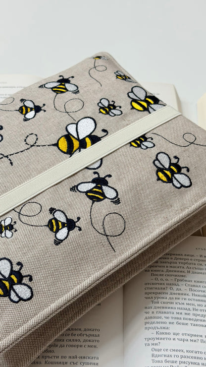 Embroidery Bumblebee Double Book Cover – Handmade Padded Sleeve for Two Books with Elastic Closure