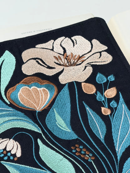 Embroidery Elegant Flower Adjustable Book Cover – Handmade Padded Linen Sleeve with Elastic Closure