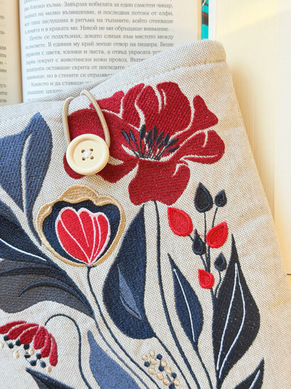 Handmade Embroidery Flower Book Sleeve, Padded Fabric Cover for Books, Kindle & E-Readers