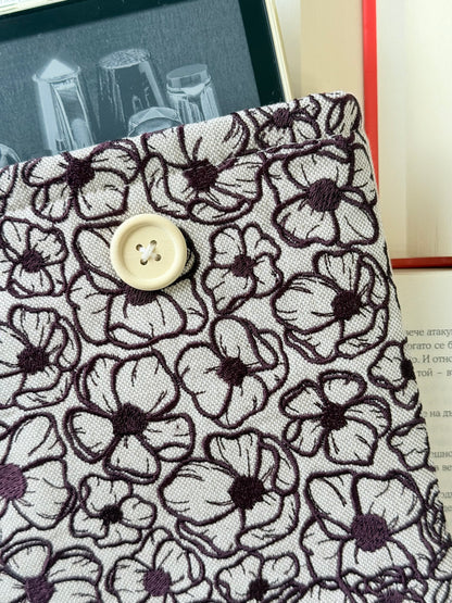 Handmade Dark Purple Embroidery Flowers Kindle Sleeve – Padded Fabric E-Reader Cover, Floral Book Protector
