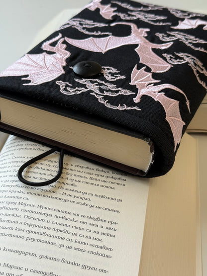 Handmade Gold Embroidery Dragons Book Sleeve – Fantasy Padded Fabric Cover for Books, Kindle & E-Readers