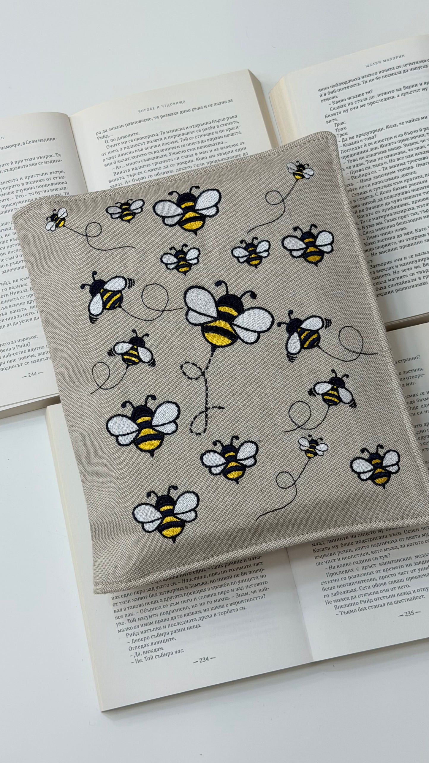 Embroidery Bumblebee Double Book Cover – Handmade Padded Sleeve for Two Books with Elastic Closure
