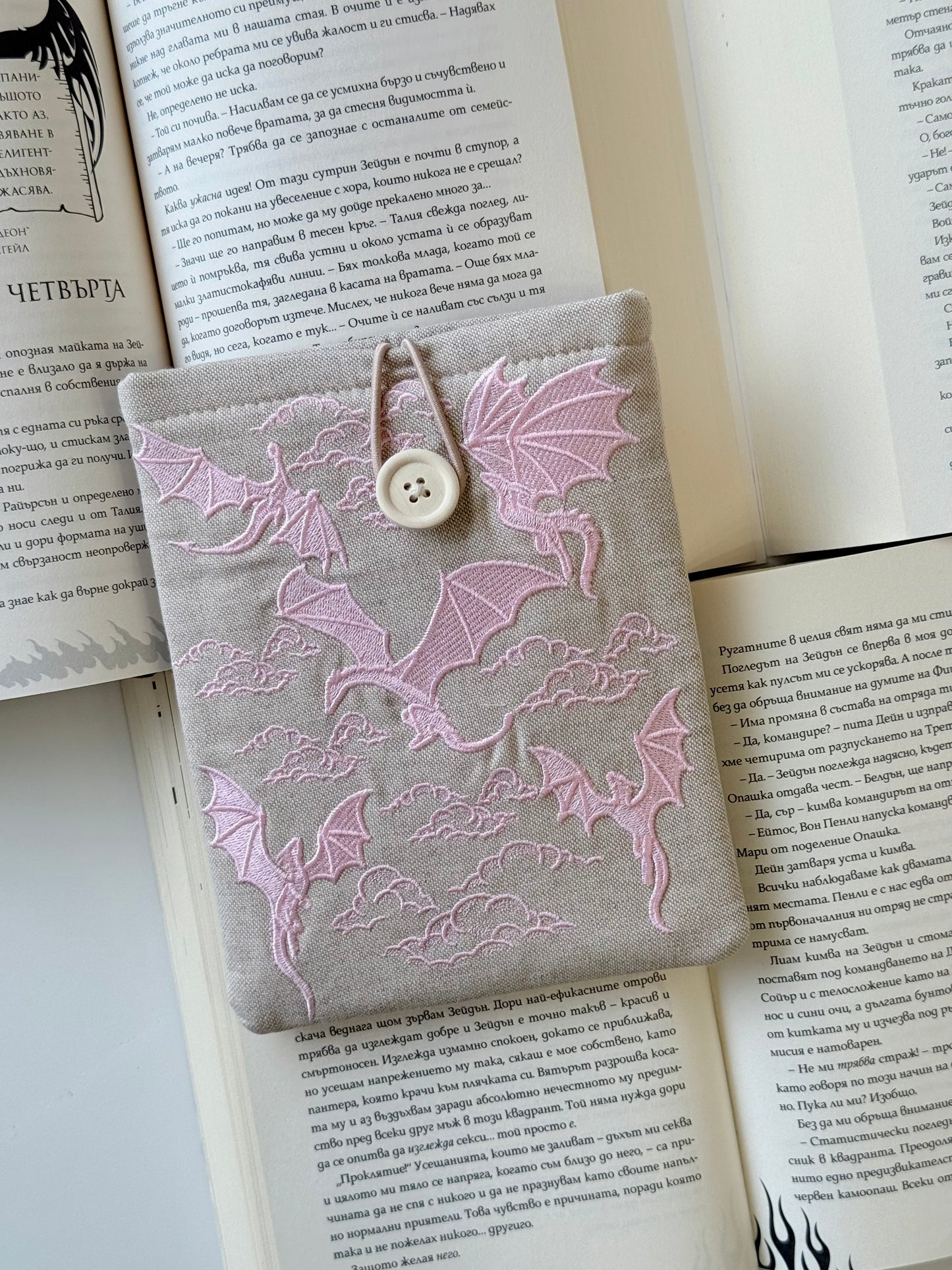 Handmade Pink Linen Embroidery Dragons Kindle Sleeve – Padded E-Reader Cover, Fabric Book Protector