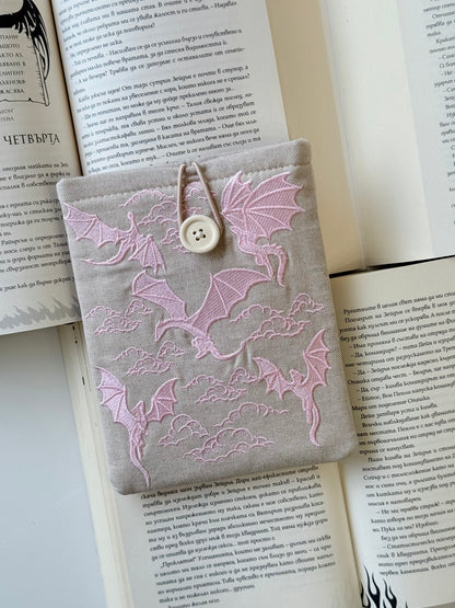 Handmade Pink Linen Embroidery Dragons Kindle Sleeve – Padded E-Reader Cover, Fabric Book Protector