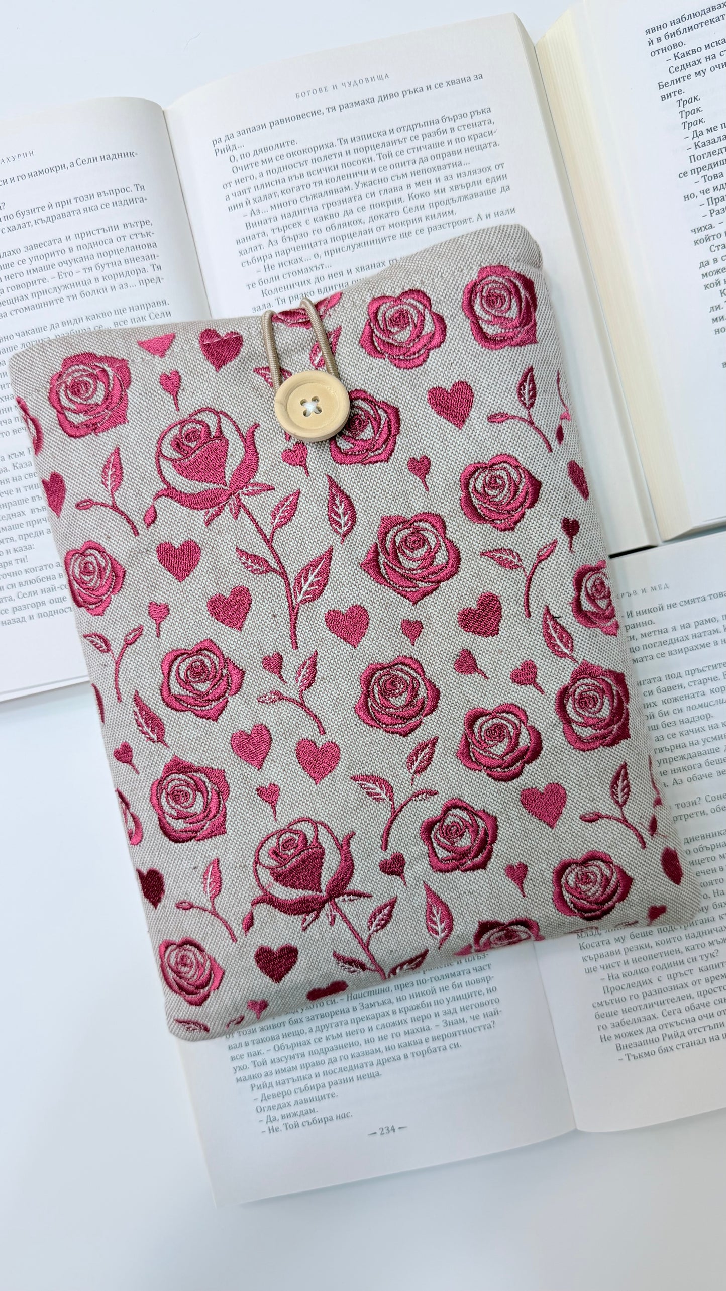 Embroidery Roses Book Sleeve – Handmade Padded Linen Cover for Books and E-Readers