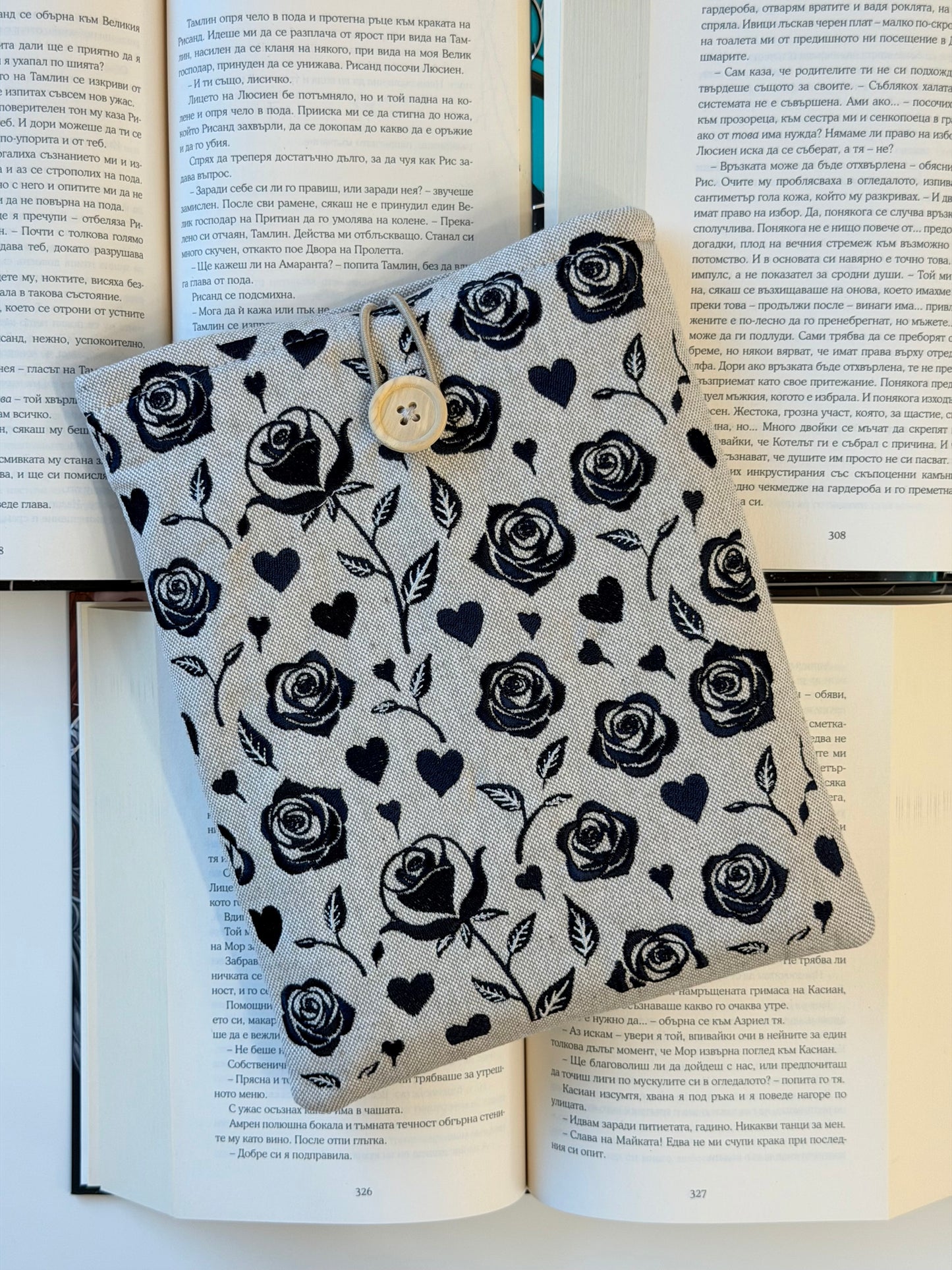 Handmade Black Embroidery Roses Book Sleeve – Gothic Floral Padded Cover for Books, Kindle & E-Readers