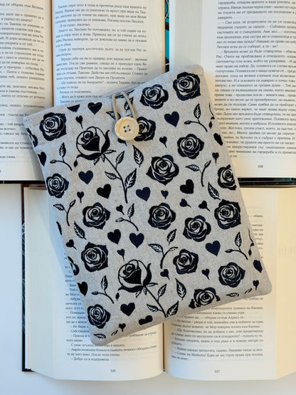Handmade Black Embroidery Roses Book Sleeve – Gothic Floral Padded Cover for Books, Kindle & E-Readers