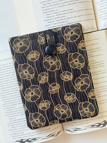 Handmade Gold Embroidery Poppy Flower Kindle Sleeve – Padded E-Reader Protector, Floral Book Cover