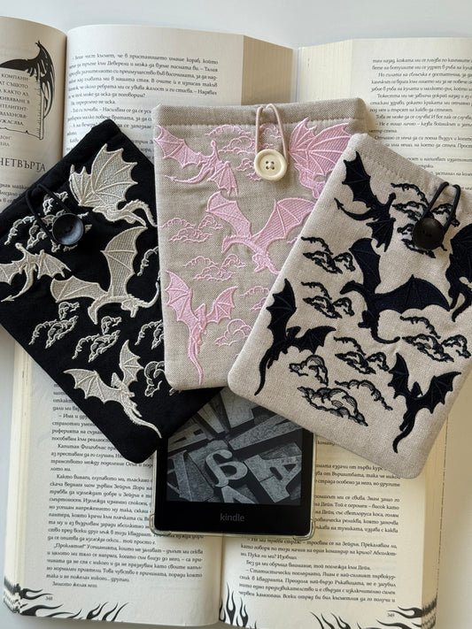 Handmade Embroidery Dragons Kindle Sleeve – Padded E-Reader Cover, Fabric Book Protector