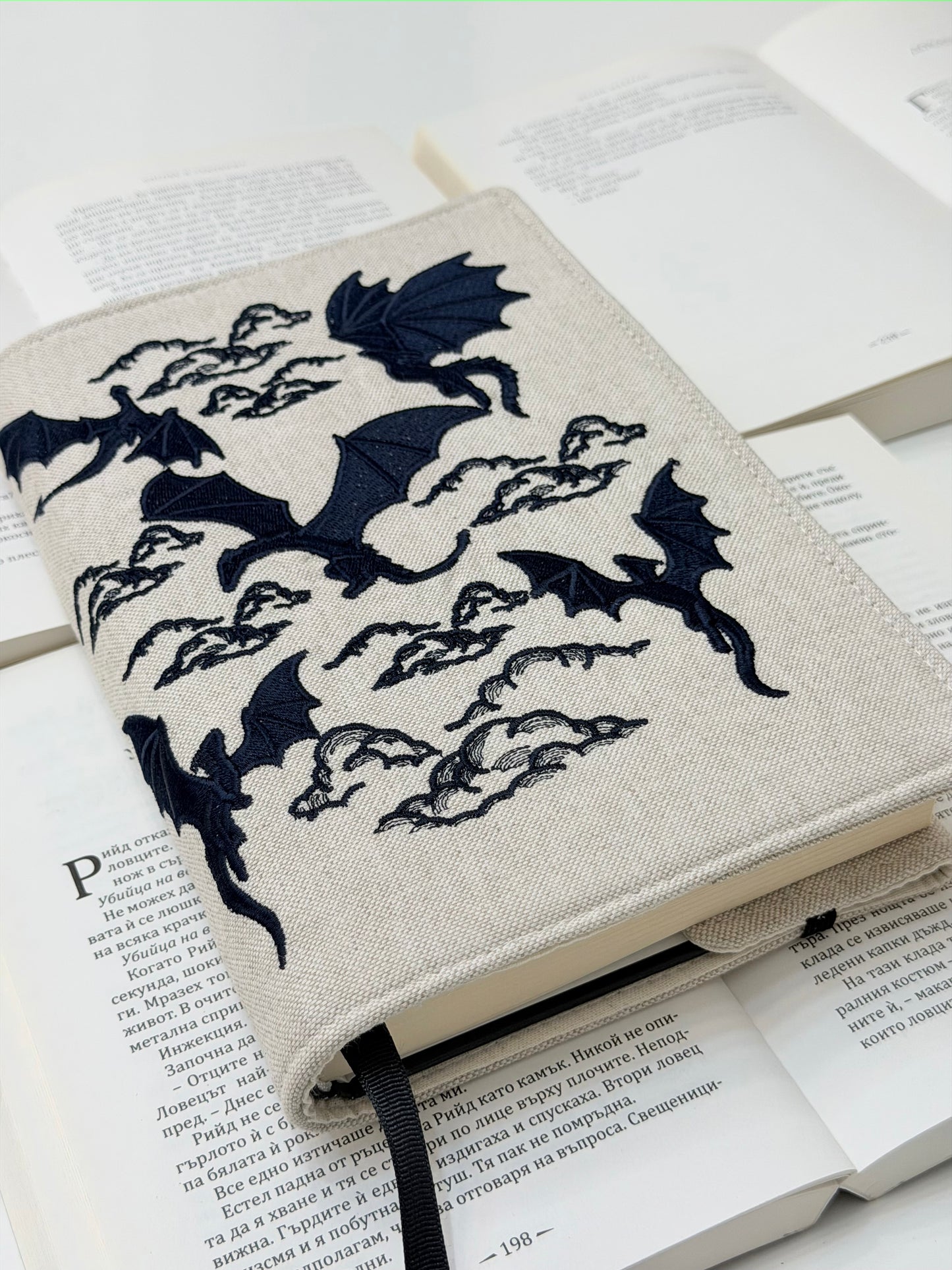 Dragons Embroidery Adjustable Book Cover – Handmade Padded Fantasy Book Sleeve