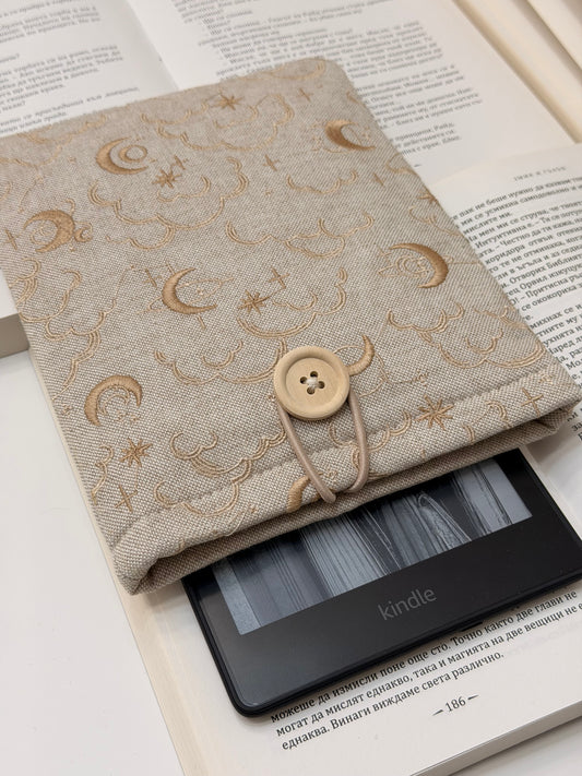 Embroidery Celestial Kindle Sleeve, Moon and Stars Padded E-Reader Cover | Handmade Book Sleeve by Lullaby Crafts World