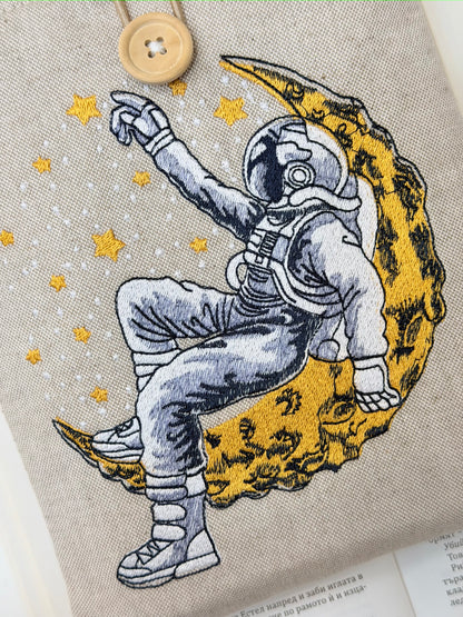 Embroidered Astronaut Book Sleeve – Padded Linen Book Cover, Cosmic Moon & Stars Design by Lullaby Crafts World