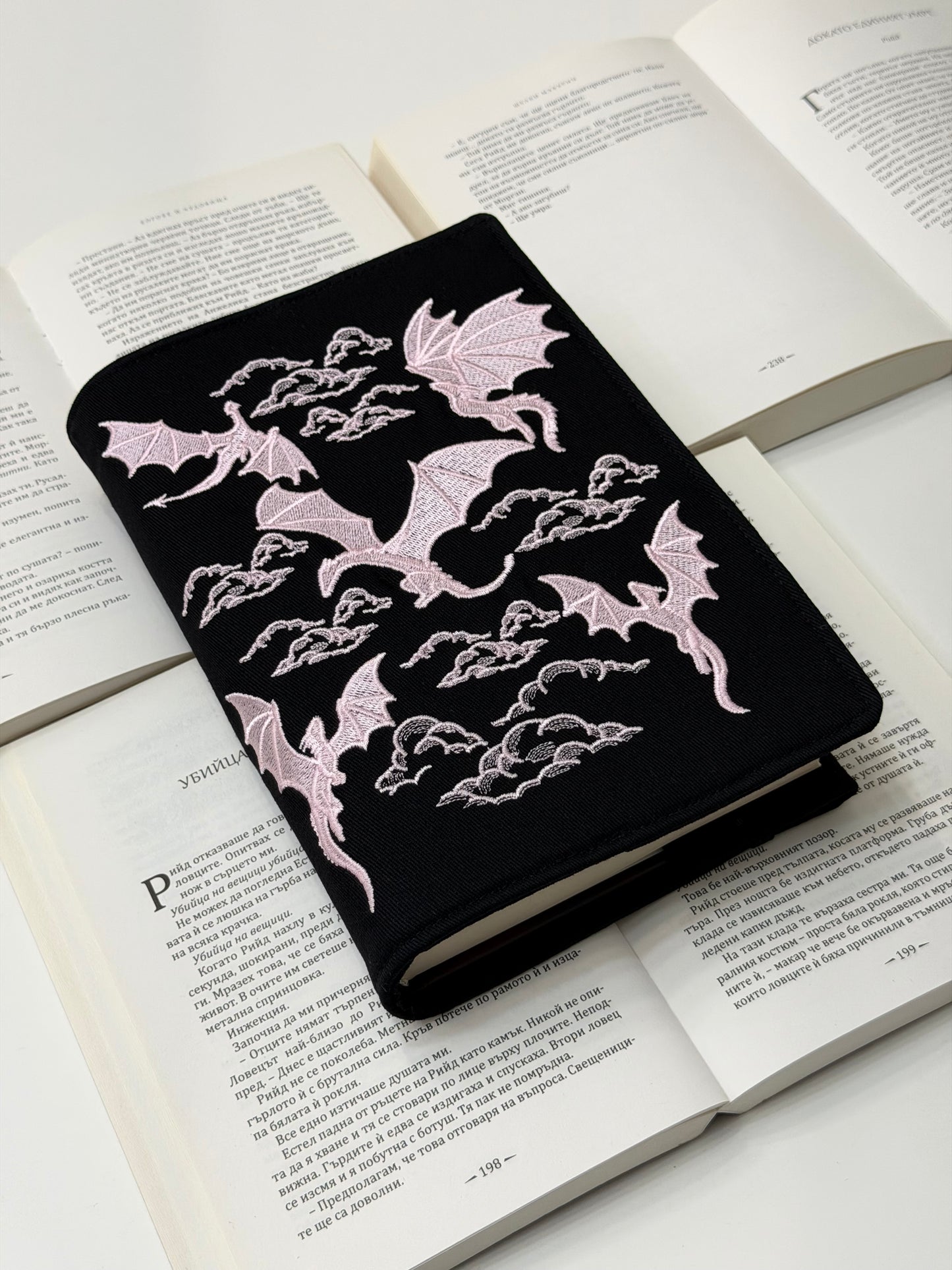Dragons Embroidery Adjustable Book Cover – Handmade Padded Fantasy Book Sleeve
