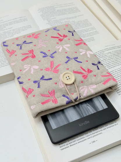 Embroidered Ribbons Kindle Sleeve – Padded Linen E-Reader Cover, Handmade Device Protector by Lullaby Crafts World