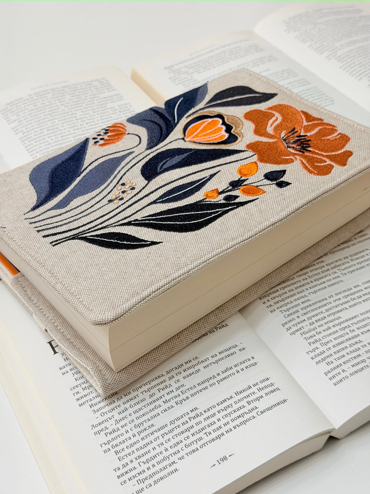 Embroidery Flower Adjustable Book Cover – Floral Handmade Padded Book Sleeve with Elastic Closure