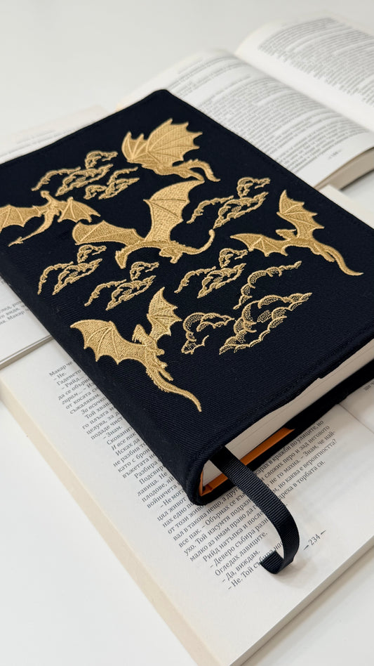 Embroidery Gold Dragons Adjustable Book Cover β Handmade Padded Linen Sleeve with Elastic Closure