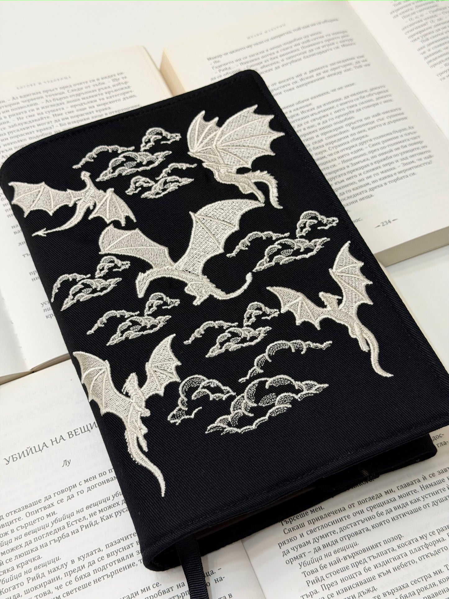 Embroidery Dragons Adjustable Book Cover – Handmade Padded Fantasy Book Sleeve