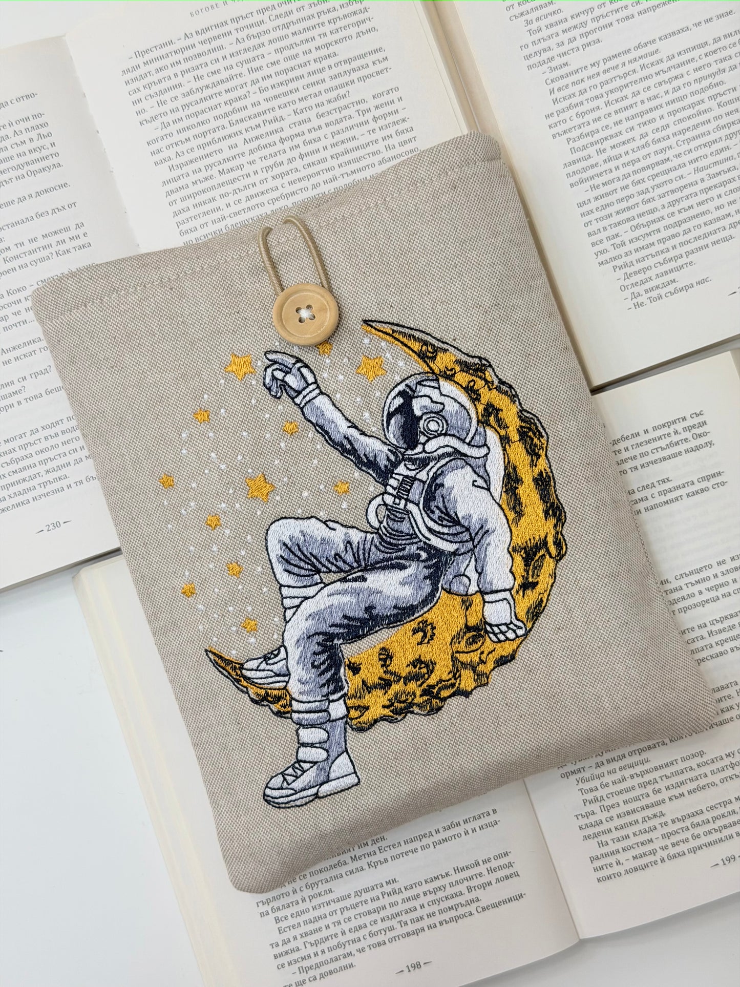 Embroidered Astronaut Book Sleeve – Padded Linen Book Cover, Cosmic Moon & Stars Design by Lullaby Crafts World