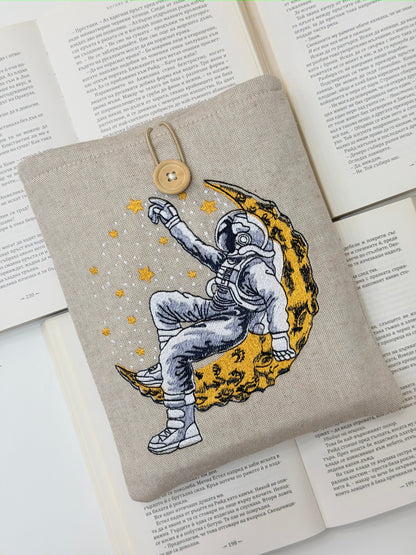 Embroidered Astronaut Book Sleeve – Padded Linen Book Cover, Cosmic Moon & Stars Design by Lullaby Crafts World